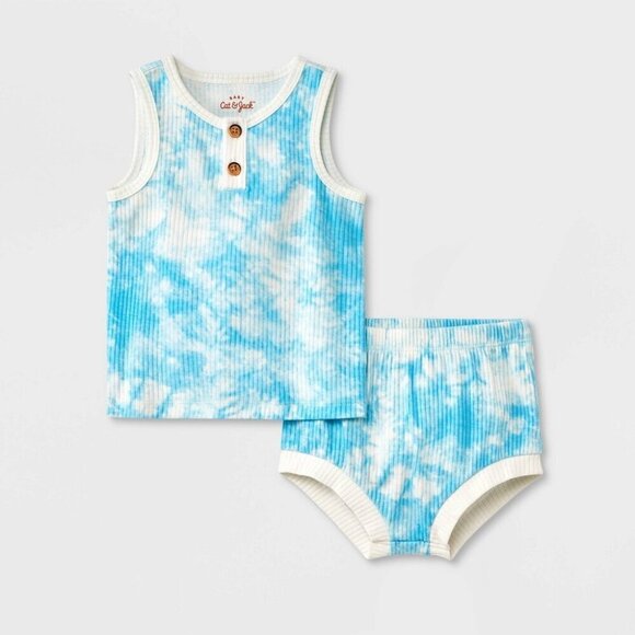 Cat & Jack Unisex Baby Newborn 2 Piece Henley Tank Top & Bottom Set in Blue 2555 - Picture 1 of 7